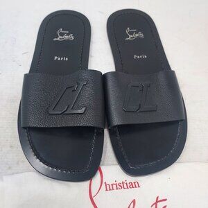 Christian Louboutin MENS Varsicool Black Leather CL Slide Sandal